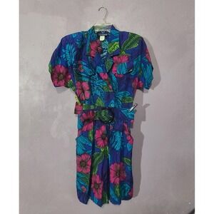 Hawaiian Cimmaron Dress Floral Print Short Sleeve Vintage Belted Romper